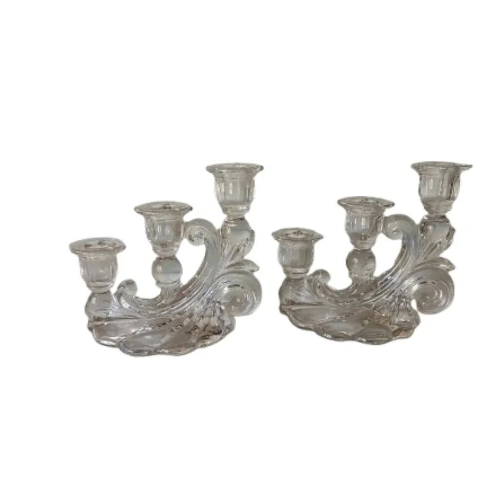 Vintage Cambridge Glass Caprice Three Light Candlestick Pair Chrystal Clear